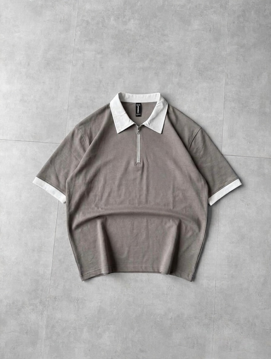 Back Print Zip Polo Shirt – Drop Shoulder Fine Terry Oversized T-Shirt