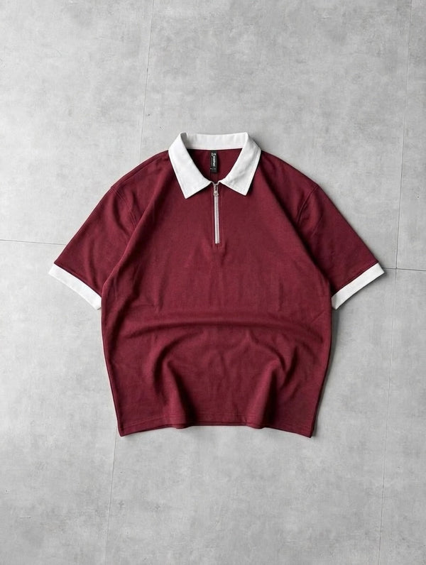 Back Print Zip Polo Shirt – Drop Shoulder Fine Terry Oversized T-Shirt