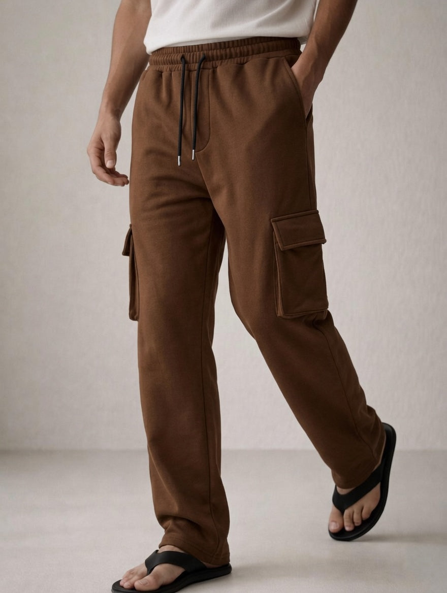Men’s Cargo Pocket Straight Trousers – Cotton Terry Comfort Fit