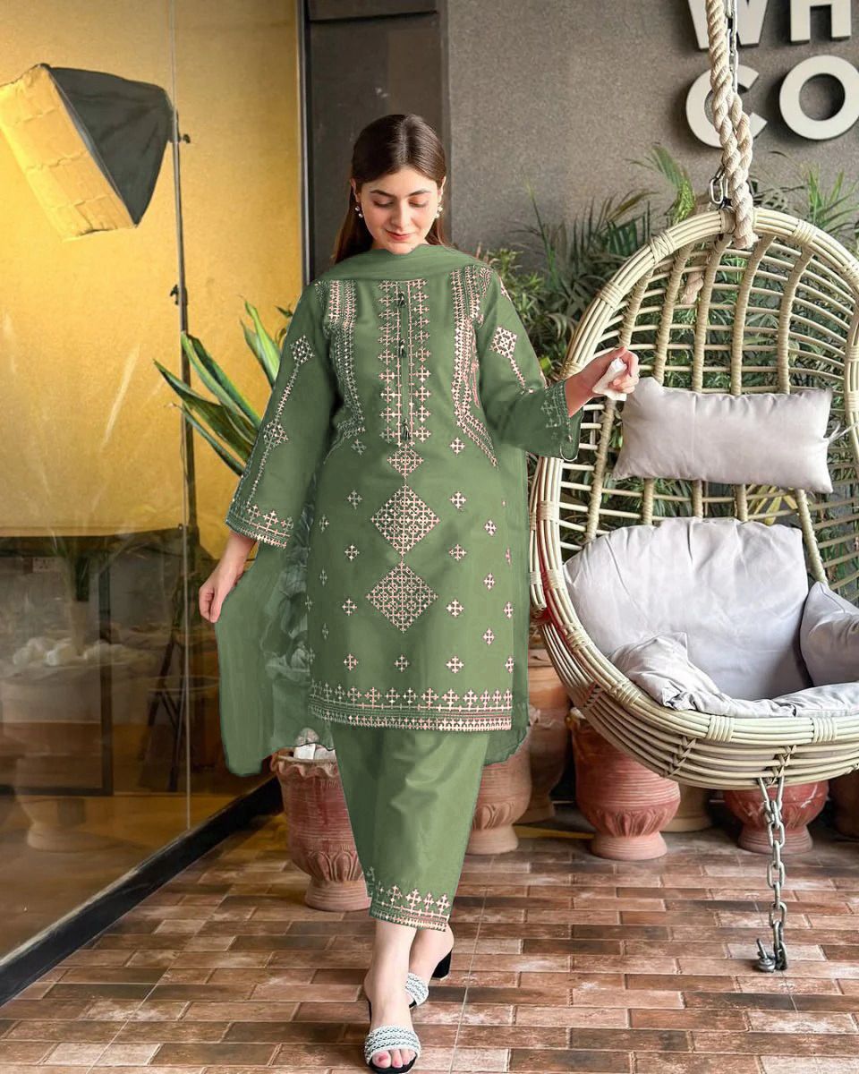 3 Piece Cotton Suit for Women – Sequence Embroidered Shirt with Trouser & Chiffon Dupatta