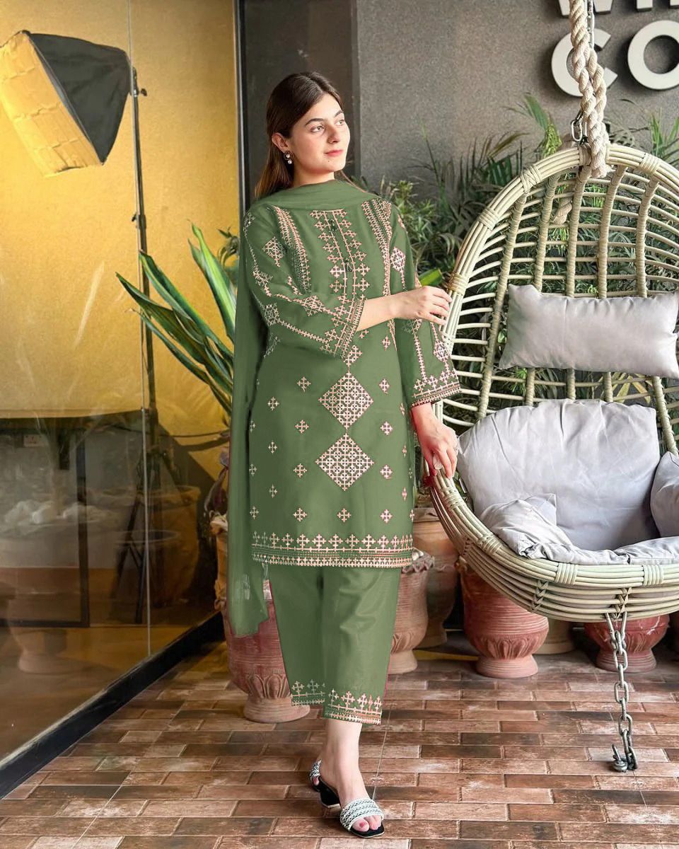 3 Piece Cotton Suit for Women – Sequence Embroidered Shirt with Trouser & Chiffon Dupatta