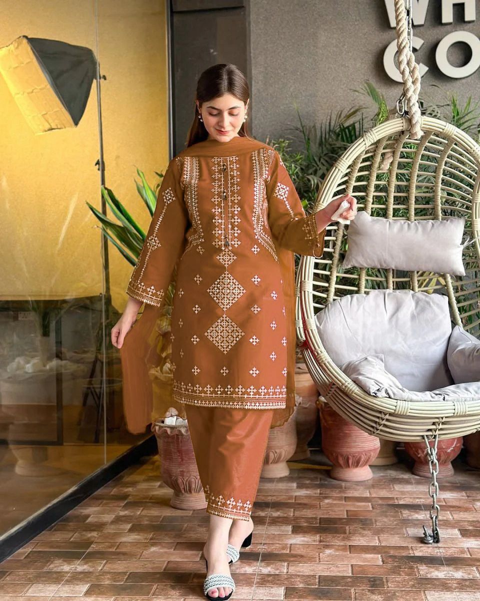 3 Piece Cotton Suit for Women – Sequence Embroidered Shirt with Trouser & Chiffon Dupatta