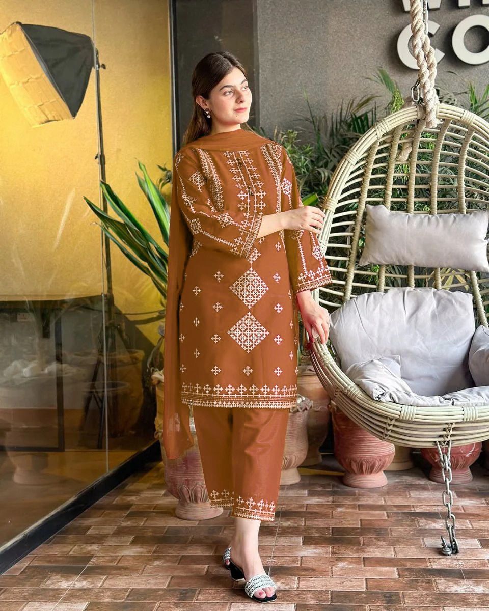 3 Piece Cotton Suit for Women – Sequence Embroidered Shirt with Trouser & Chiffon Dupatta