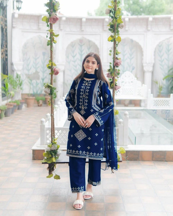 3 Piece Cotton Suit for Women – Sequence Embroidered Shirt with Trouser & Chiffon Dupatta