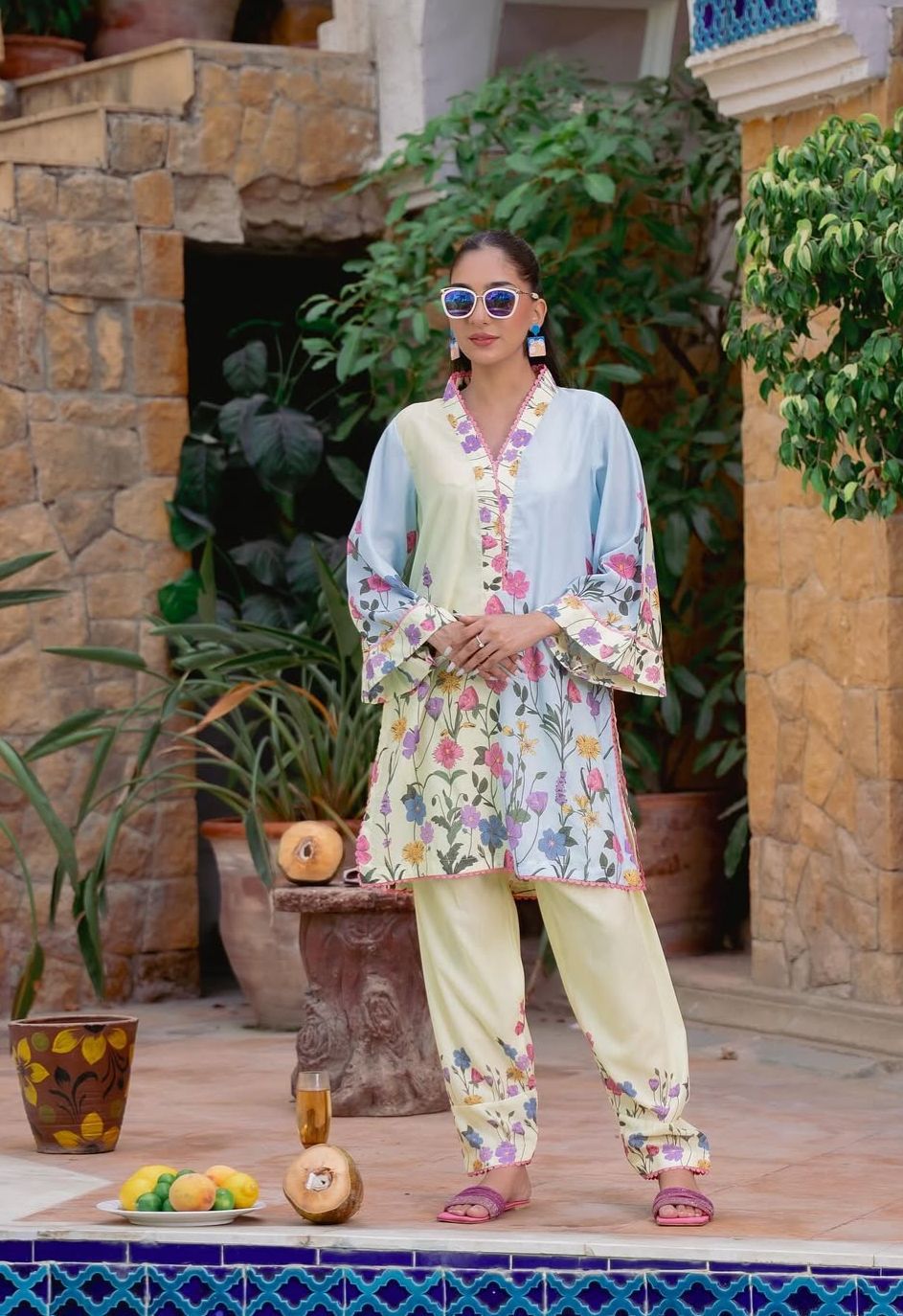 Digital Printed Cord Set for Women – Lace Work Shirt & Trouser (Poly Lawn)