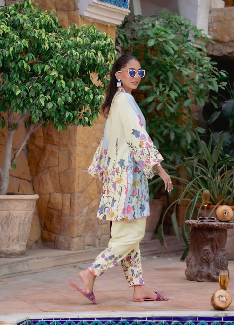 Digital Printed Cord Set for Women – Lace Work Shirt & Trouser (Poly Lawn)