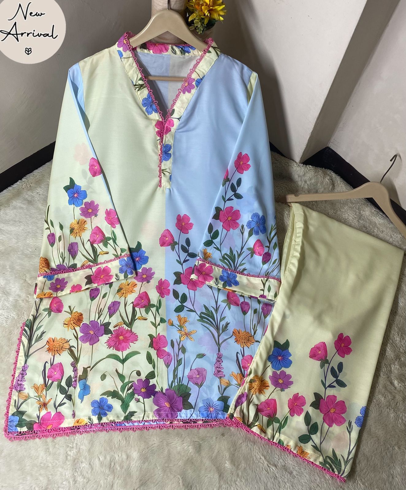 Digital Printed Cord Set for Women – Lace Work Shirt & Trouser (Poly Lawn)