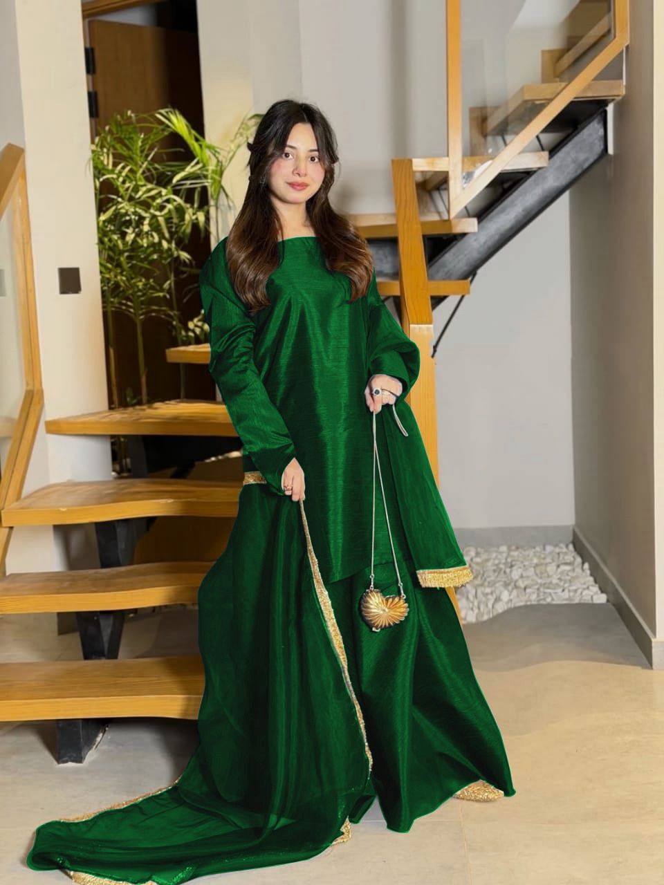 3 Piece Sharara Dress for Women – Long Flare Sharara with Dori Shirt & Organza Dupatta (Elegant Festive Wear)