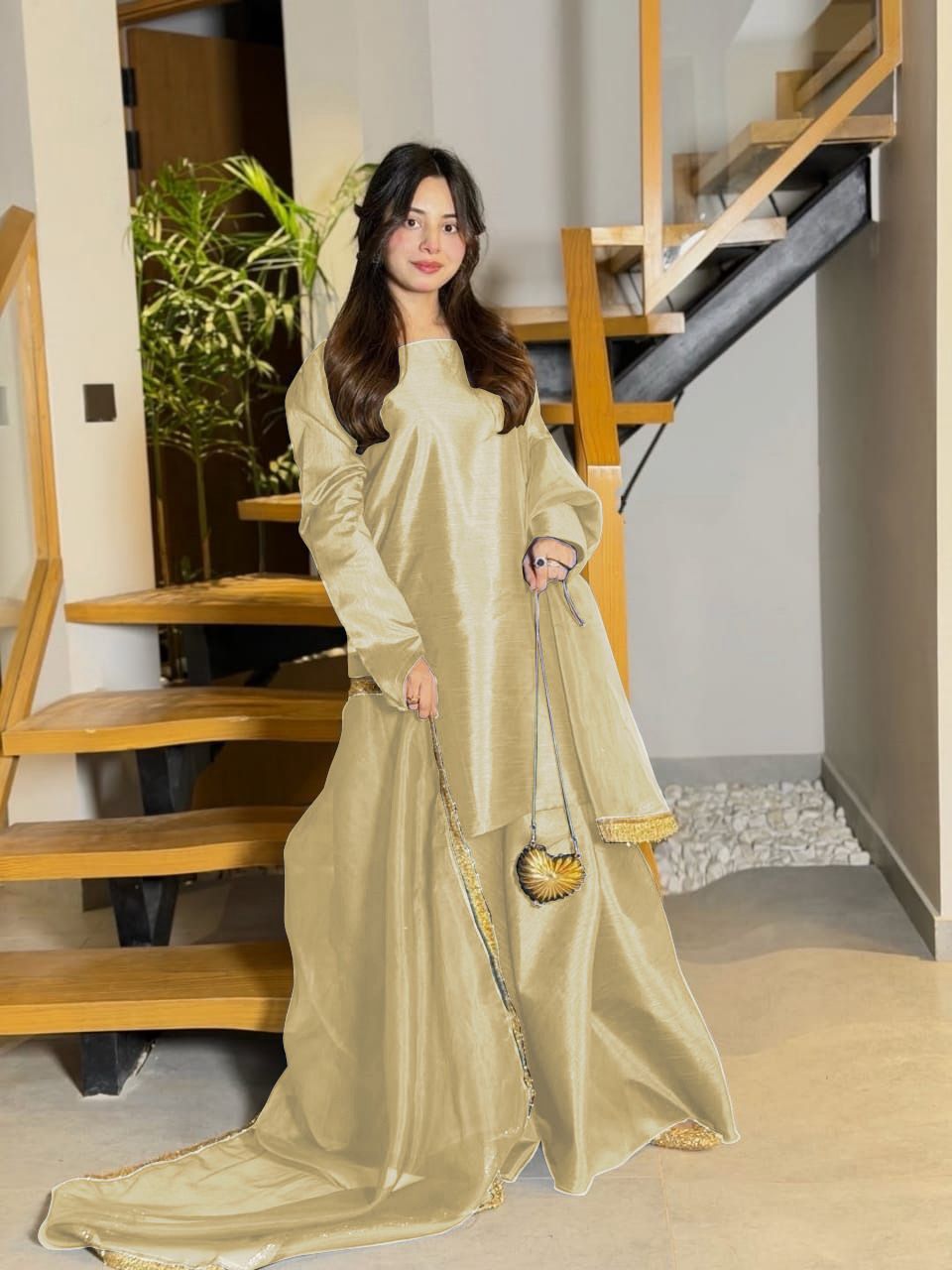 3 Piece Sharara Dress for Women – Long Flare Sharara with Dori Shirt & Organza Dupatta (Elegant Festive Wear)