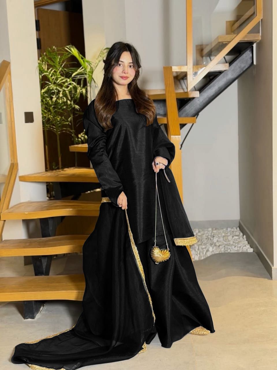 3 Piece Sharara Dress for Women – Long Flare Sharara with Dori Shirt & Organza Dupatta (Elegant Festive Wear)