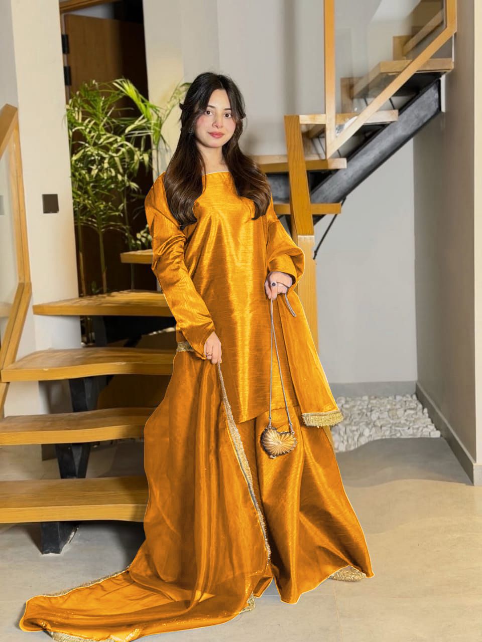 3 Piece Sharara Dress for Women – Long Flare Sharara with Dori Shirt & Organza Dupatta (Elegant Festive Wear)