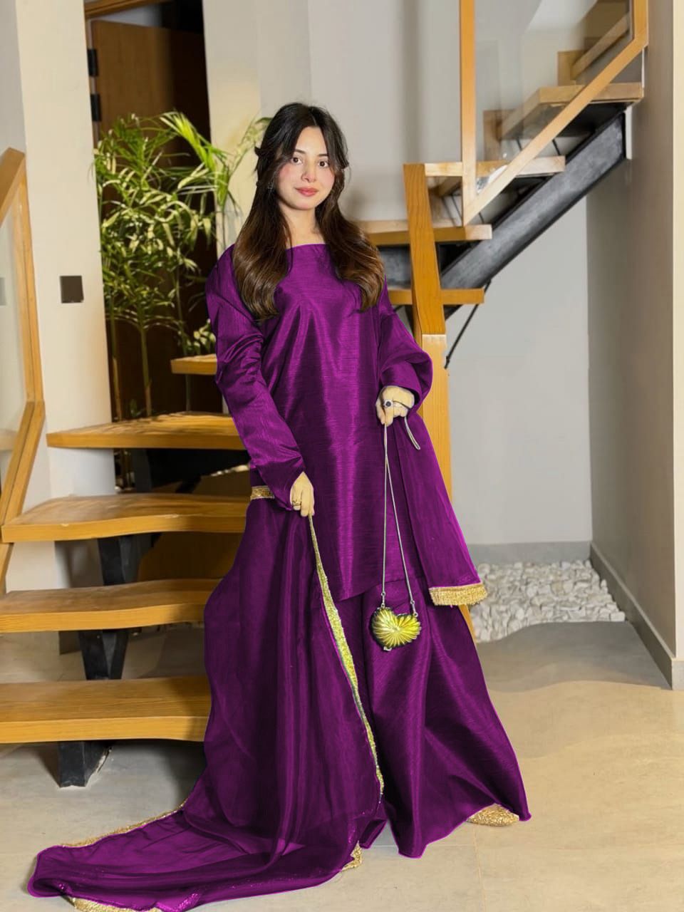 3 Piece Sharara Dress for Women – Long Flare Sharara with Dori Shirt & Organza Dupatta (Elegant Festive Wear)