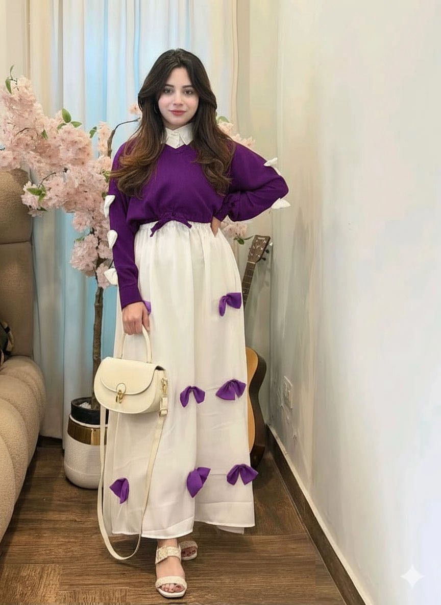 2PC Georgette Maxi Dress Set for Women – V Neck Bow Top with Long Flare Maxi (Elegant Party Wear)