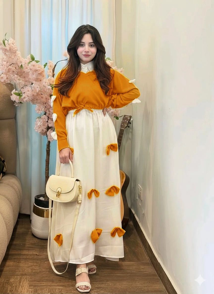 2PC Georgette Maxi Dress Set for Women – V Neck Bow Top with Long Flare Maxi (Elegant Party Wear)