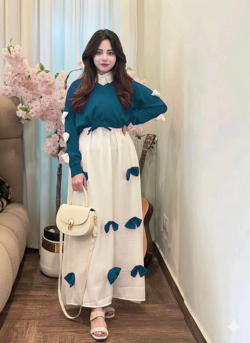 2PC Georgette Maxi Dress Set for Women – V Neck Bow Top with Long Flare Maxi (Elegant Party Wear)