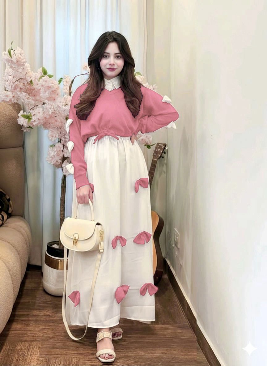 2PC Georgette Maxi Dress Set for Women – V Neck Bow Top with Long Flare Maxi (Elegant Party Wear)