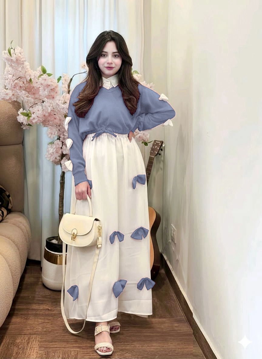 2PC Georgette Maxi Dress Set for Women – V Neck Bow Top with Long Flare Maxi (Elegant Party Wear)