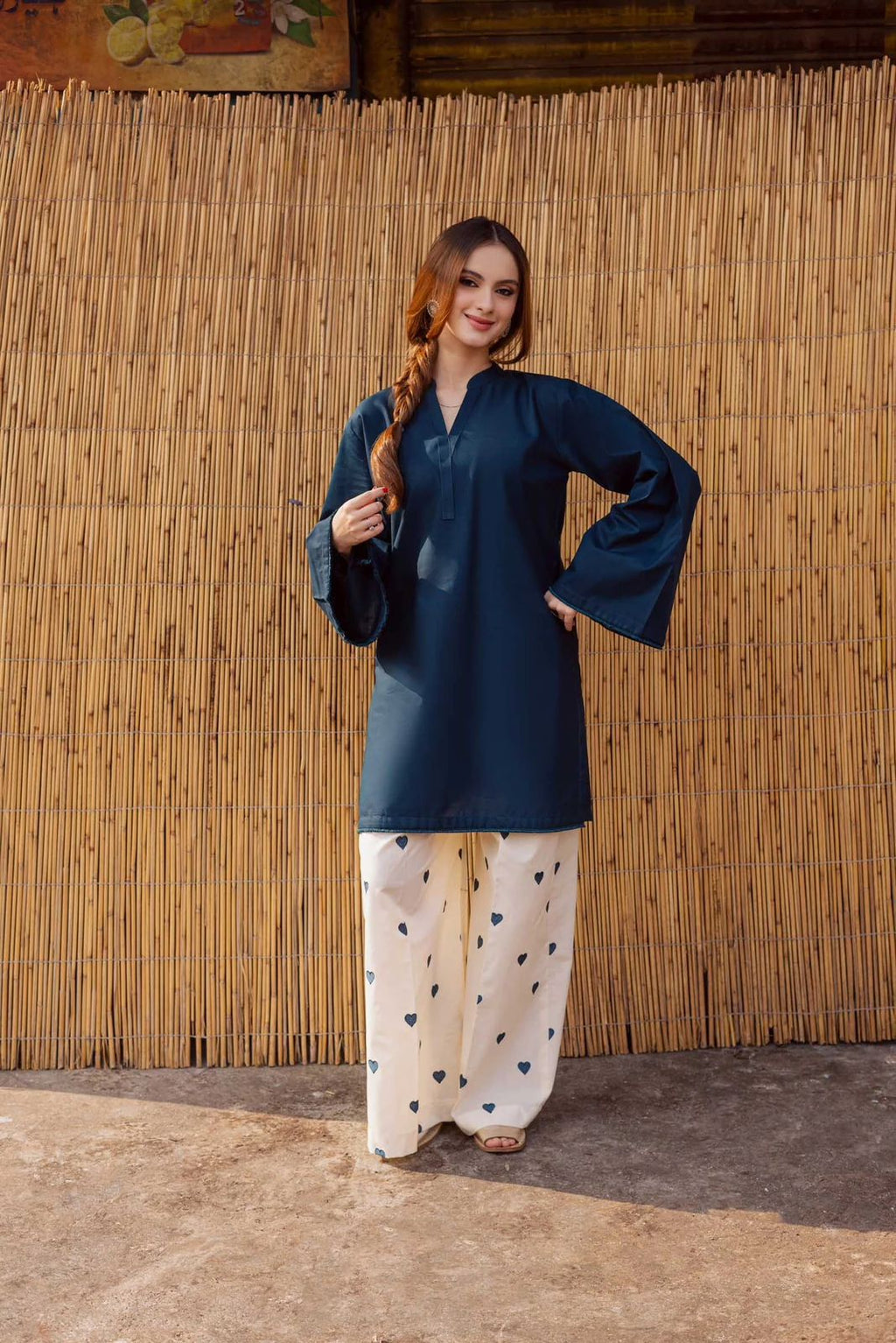 2PC Linen Heart Printed Dress for Women – V Neck Shirt with Flapper (Casual Summer Wear 2026)