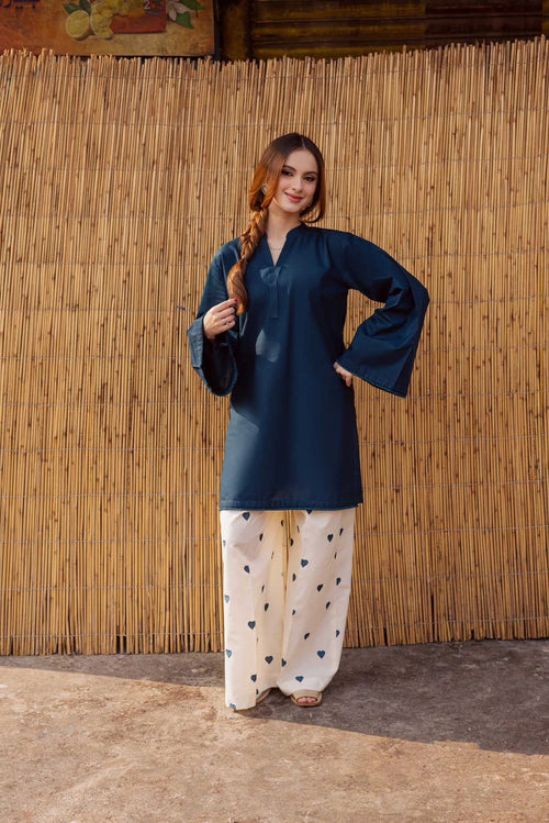 2PC Linen Heart Printed Dress for Women – V Neck Shirt with Flapper (Casual Summer Wear 2026)