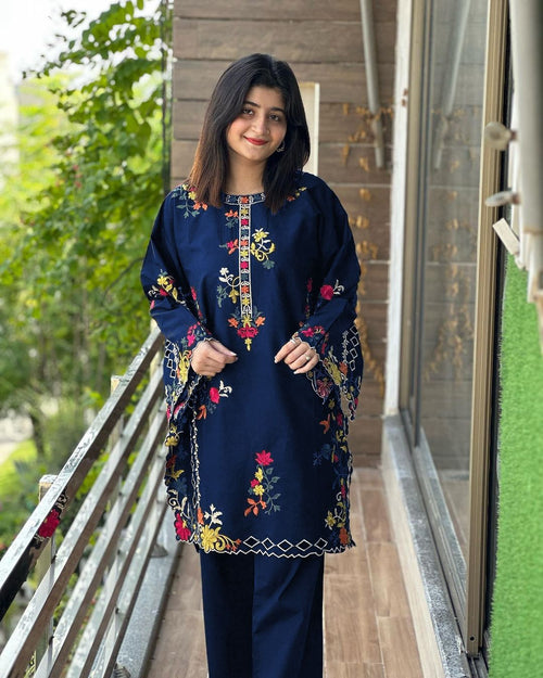 2PC Embroidered Linen Dress for Women – Long Sleeve Shirt with Trouser (Soft Casual & Formal Wear)