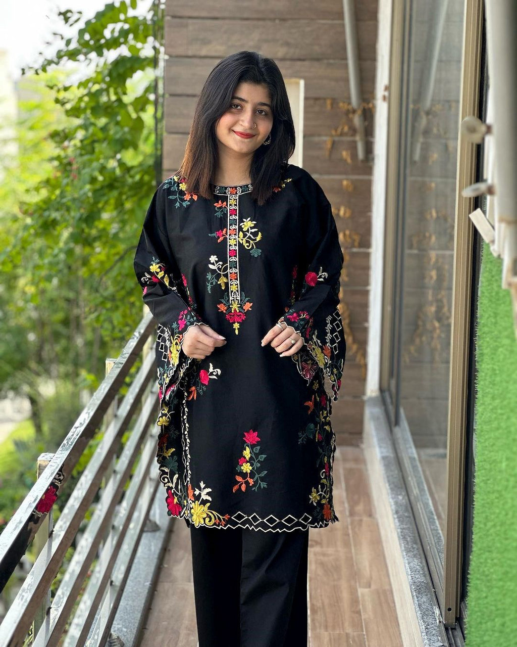 2PC Embroidered Linen Dress for Women – Long Sleeve Shirt with Trouser (Soft Casual & Formal Wear)