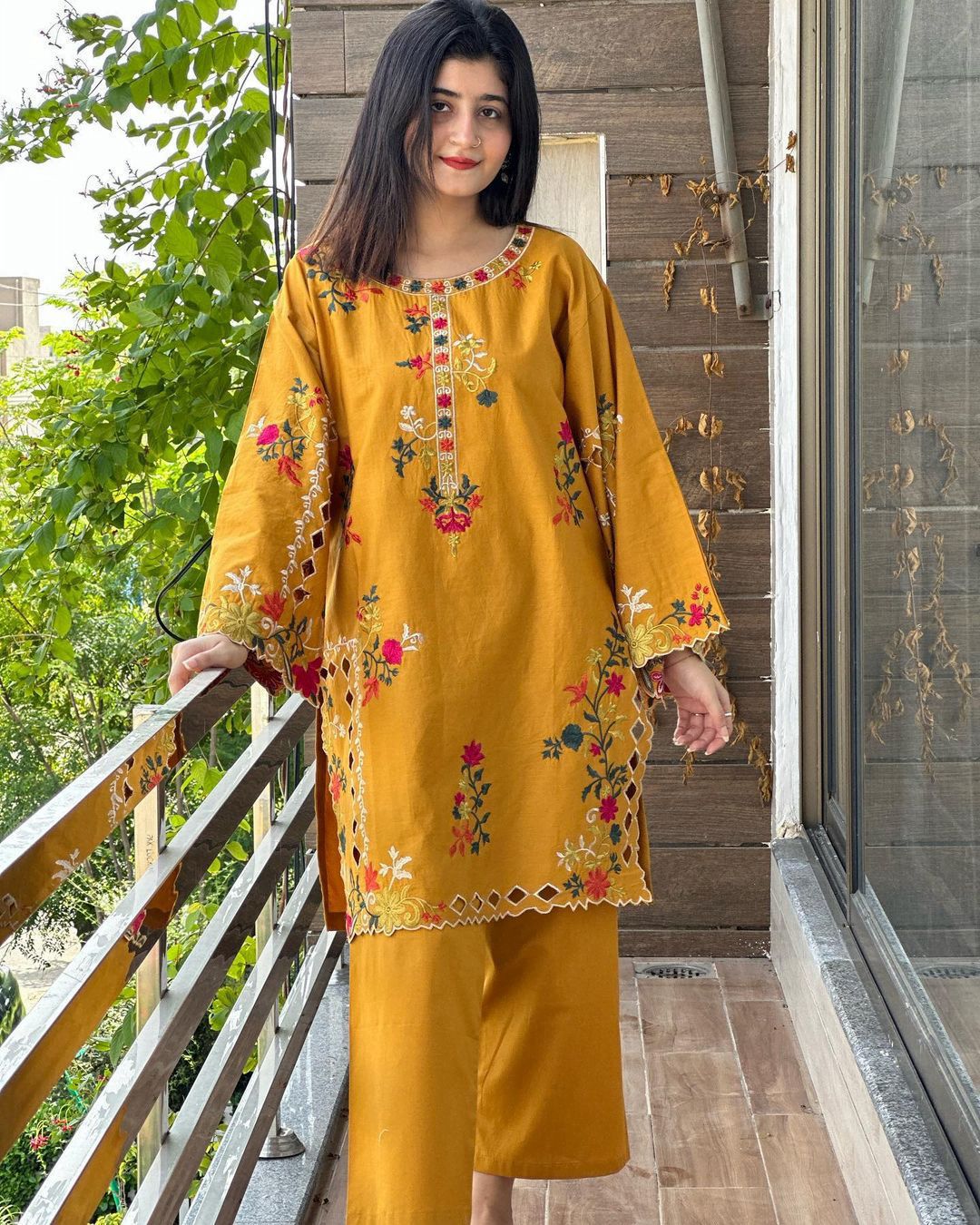 2PC Embroidered Linen Dress for Women – Long Sleeve Shirt with Trouser (Soft Casual & Formal Wear)