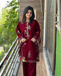 2PC Embroidered Linen Dress for Women – Long Sleeve Shirt with Trouser (Soft Casual & Formal Wear)