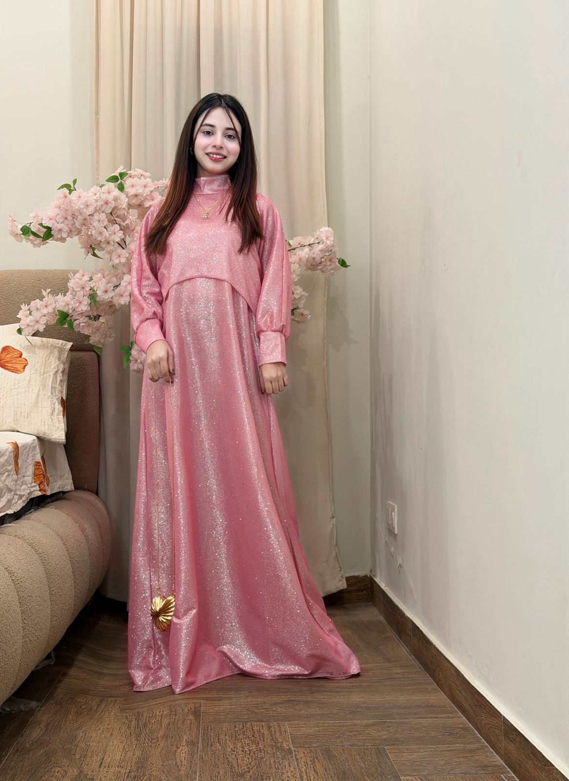 2PC Moonlight Glitter Maxi Dress Set for Women – Drop Shoulder Top with Long Maxi (Party & Festive Wear)