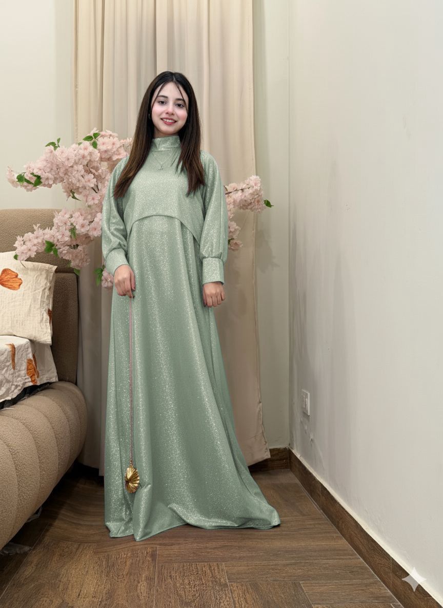 2PC Moonlight Glitter Maxi Dress Set for Women – Drop Shoulder Top with Long Maxi (Party & Festive Wear)