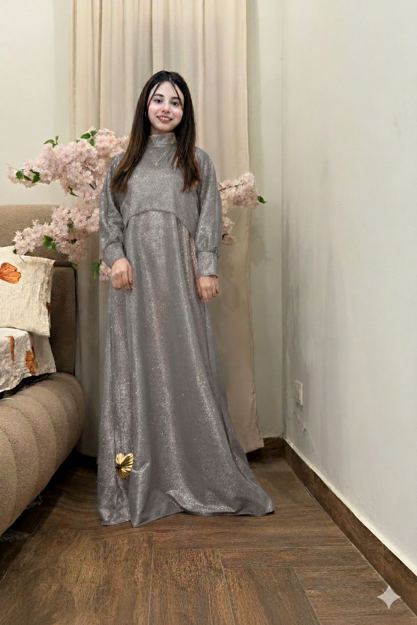 2PC Moonlight Glitter Maxi Dress Set for Women – Drop Shoulder Top with Long Maxi (Party & Festive Wear)