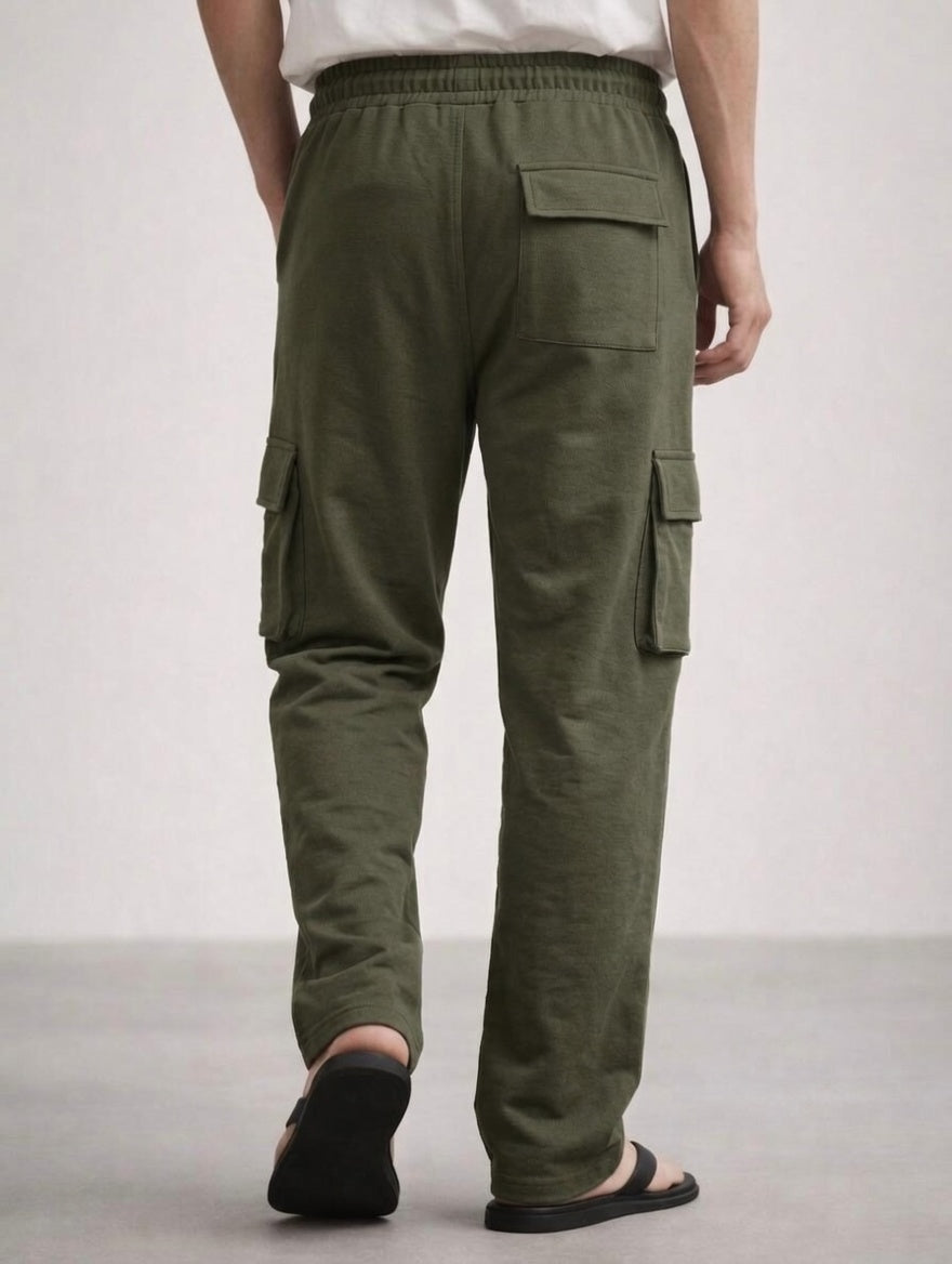 Men’s Cargo Pocket Straight Trousers – Cotton Terry Comfort Fit