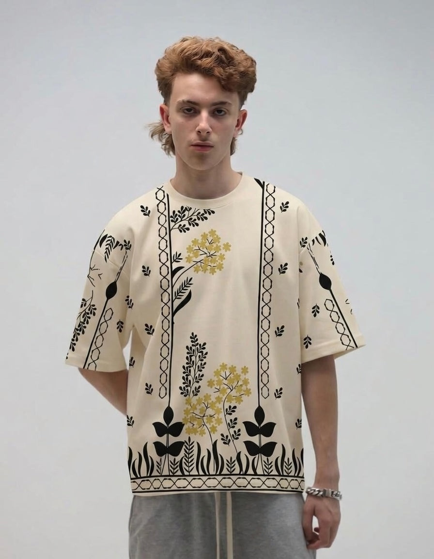 All Over Graphic Drop Shoulder T-Shirt – Printed Cotton Jersey Oversized Tee