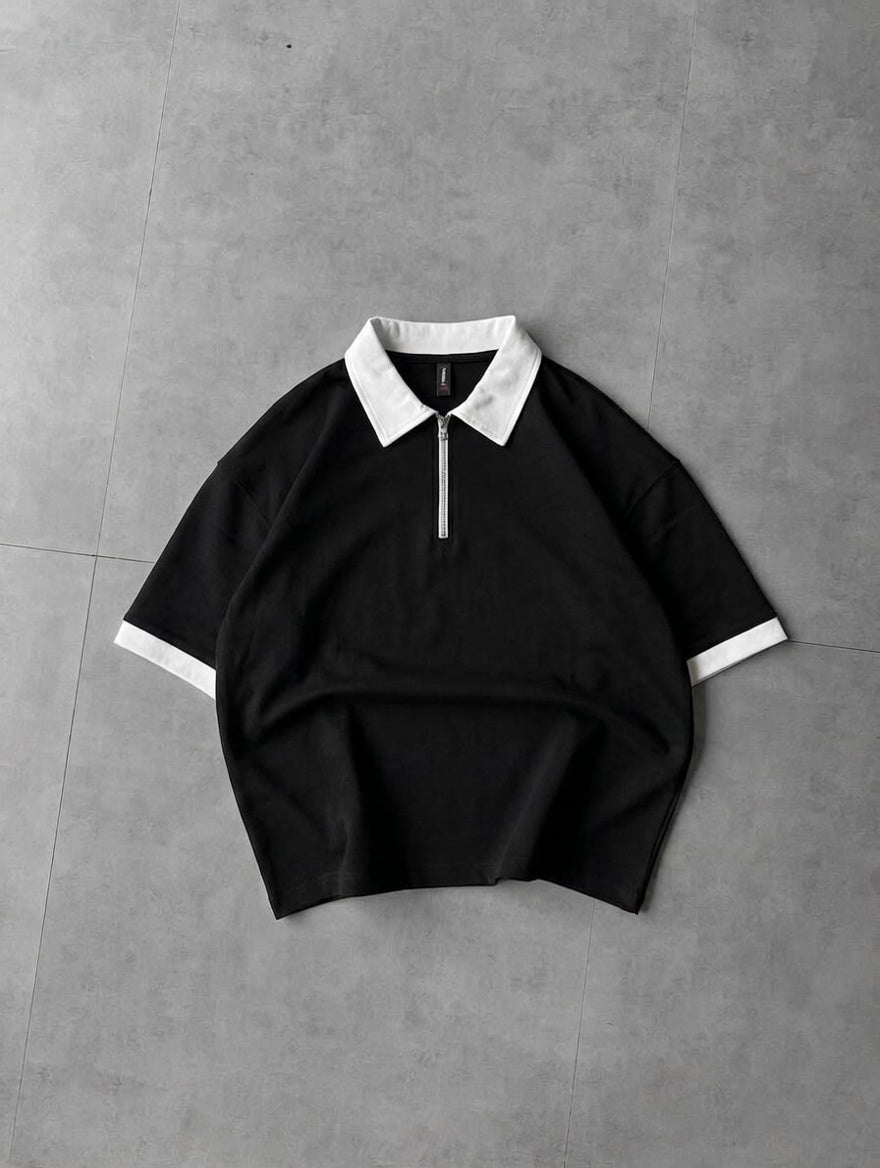 Back Print Zip Polo Shirt – Drop Shoulder Fine Terry Oversized T-Shirt