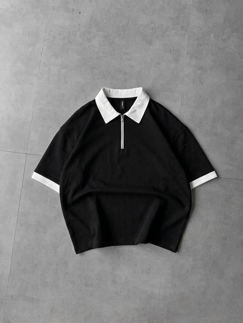 Back Print Zip Polo Shirt – Drop Shoulder Fine Terry Oversized T-Shirt