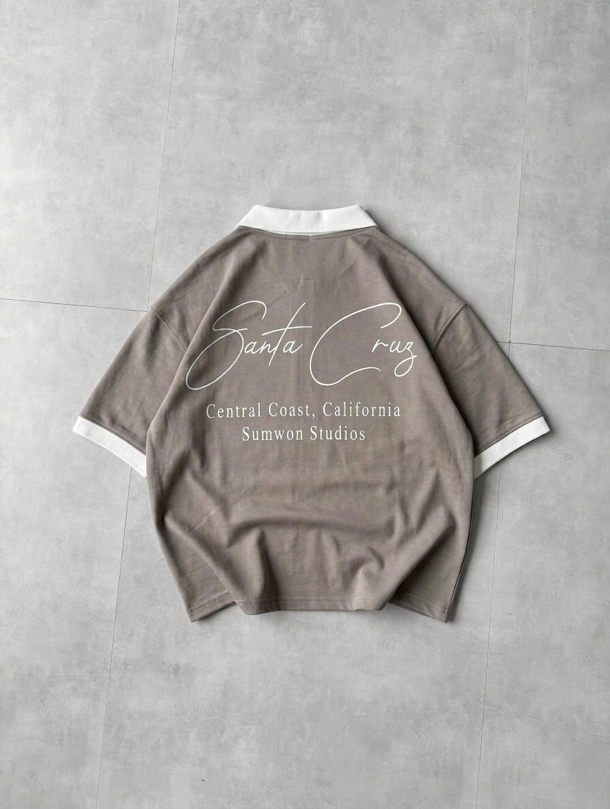 Back Print Zip Polo Shirt – Drop Shoulder Fine Terry Oversized T-Shirt