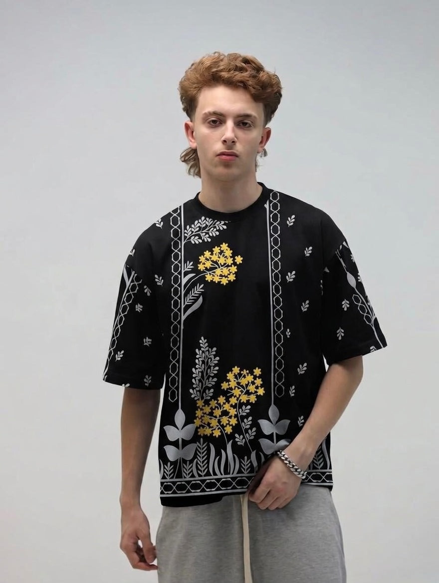 All Over Graphic Drop Shoulder T-Shirt – Printed Cotton Jersey Oversized Tee
