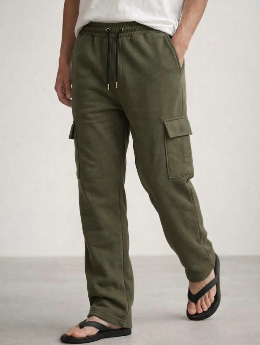 Men’s Cargo Pocket Straight Trousers – Cotton Terry Comfort Fit